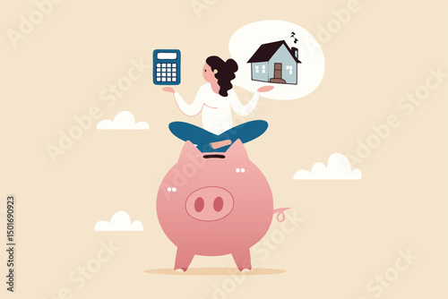 Personal finance money management, expense, cost and budget calculation for education, housing mortgage or car loan concept, smart woman on piggy bank with calculator, house, car and graduate hat.
