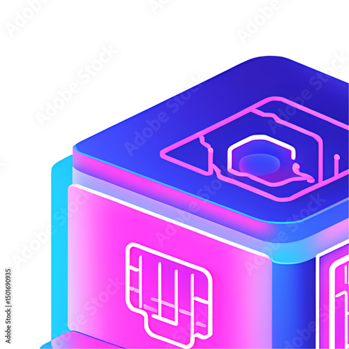Glowing smart home 3D icon in isometric view, sleek neon gradient style with cyber pink and electric blue tones, futuristic IoT design, circuit patterns, ambient lighting. Transparent background