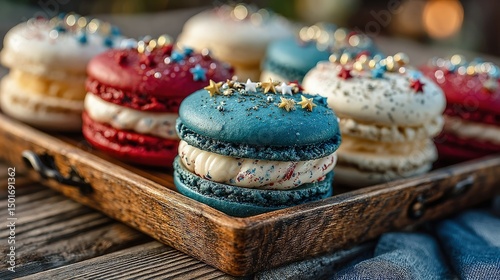 Colorful macarons with star sprinkles on wooden tray