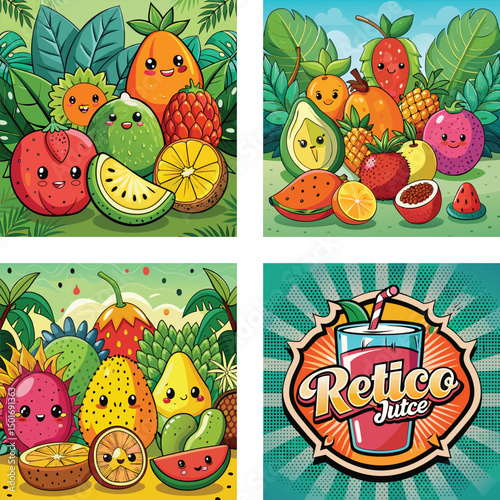 Cute Cartoon Tropical Fruits Illustration With Juice Label Composition Set
