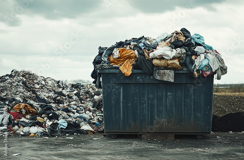 Overflowing waste container and adjacent landfill, a representation of overconsumption
