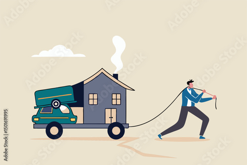 Debt, cost of living or expense to pay for, financial obligation for lifestyle concept, exhausted businessman pull the burden cart with house mortgage, car payment, education loan and credit card debt
