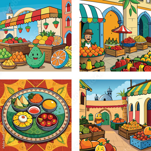 Vibrant Cartoon Style Market Scenes With Fruits And Vegetable Illustrations