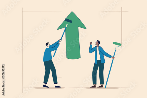 Business profit growth, improvement or career development, investment earning rising up or partnership to help grow business concept, businessman partner help painting growth green arrow graph.