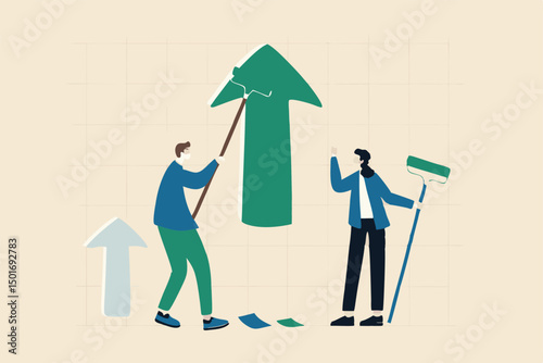 Business profit growth, improvement or career development, investment earning rising up or partnership to help grow business concept, businessman partner help painting growth green arrow graph.