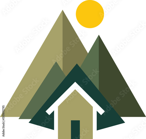 A stylized illustration showcasing a simple, cozy home nestled amongst stylized mountain peaks.