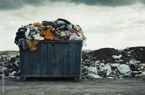 Overflowing dumpster filled with textiles against a cloudy sky landscape