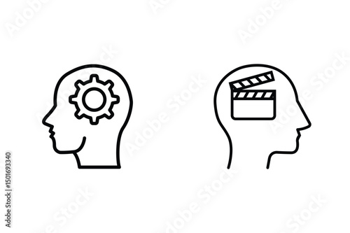 Creative vs Analytical Thinking Head Icons Featuring Gear and Clapperboard Symbols in Minimalist Design