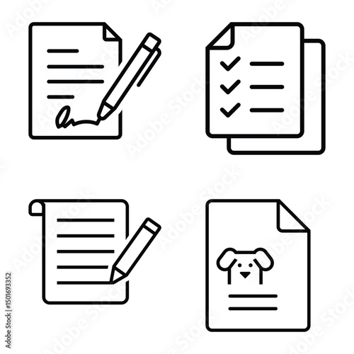 Document and Contract Icons Signed Paper, Checklist, Scroll, and Pet Registration Symbol in Minimalist Design