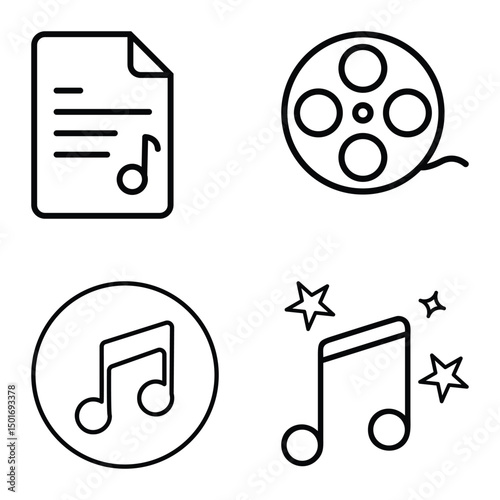 Music and Film Icons Document, Reel, Note, and Stars Symbolizing Entertainment and Media
