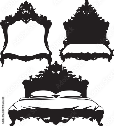 Ornate Baroque Bed Silhouettes: Vector Illustration of Vintage Style Beds with Intricate Headboards for Interior Design Projects