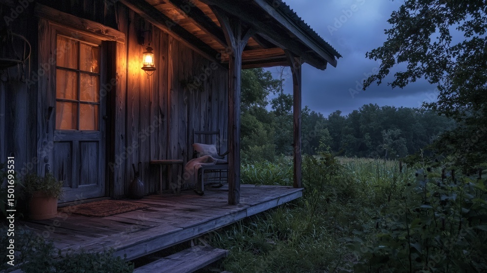 Fototapeta premium 101. Cabin porch with ambient lantern lighting at night