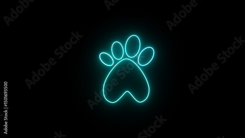 Neon glowing paw footprint icon animation on black background. Dog or cat paw print. Animal track