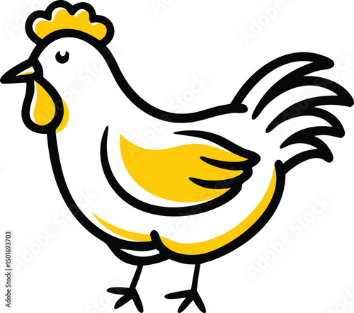 Illustration of a chicken standing proudly with feathers and beak highlighted in yellow from a side view