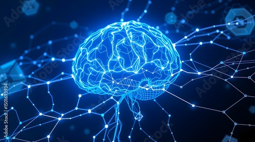 A glowing blue digital brain visualized with interconnected neural lines and particles, symbolizing artificial intelligence, deep learning, and futuristic data processing. Ideal for themes of AI, inno