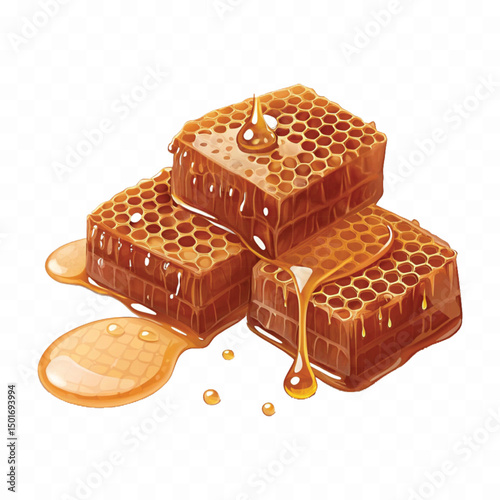 realistic fresh liquid honey dripping from a honeycomb isolated on a transparent background 