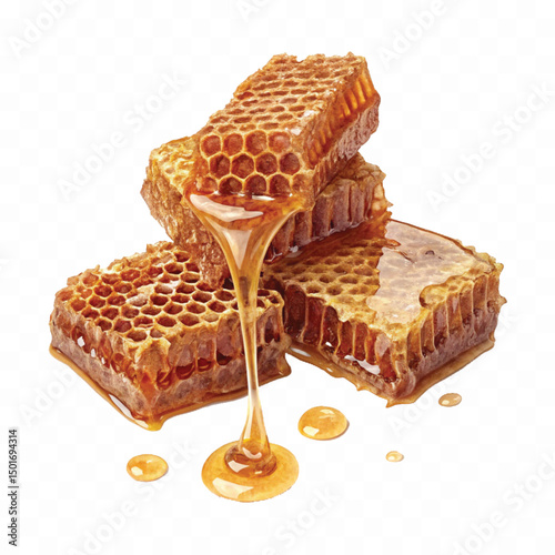 realistic fresh liquid honey dripping from a honeycomb isolated on a transparent background 