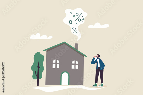 Real estate and housing mortgage rates, interest rate for house loan or renting, property tax or banking cost concept, businessman house owner looking at rising percentage smoke from house fireplace.