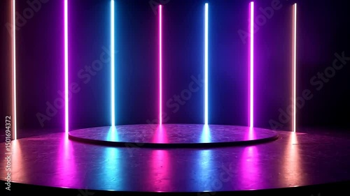 Wallpaper Mural A dark scene of a circular stage surrounded by neon lights, reflecting light onto the surface of the floor underneath the stage Torontodigital.ca