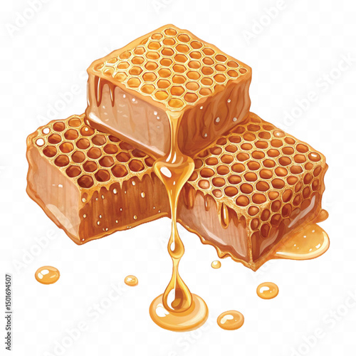 realistic fresh liquid honey dripping from a honeycomb isolated on a transparent background 
