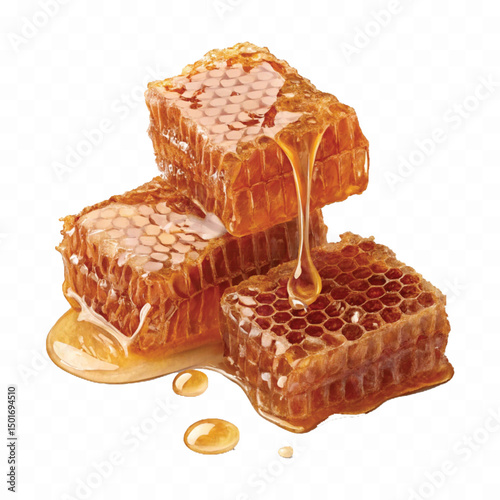 realistic fresh liquid honey dripping from a honeycomb isolated on a transparent background 