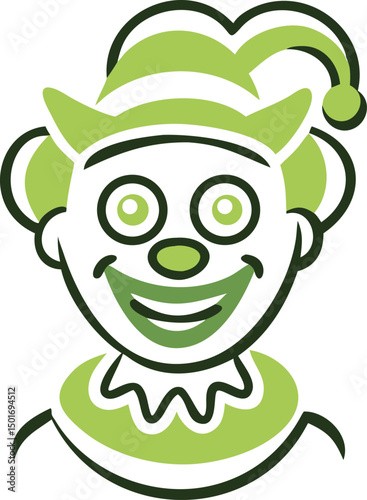 A cartoon clown's face with a wide smile and green hat viewed from the front in a simple illustration style