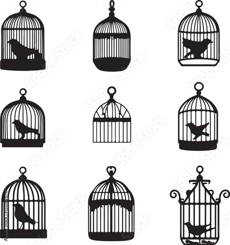 Bird Cages Vector Art: Black and White Silhouette Illustration of Decorative Birdcages with Birds Inside, Vintage Style Design Elements Collection