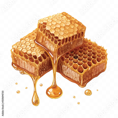 realistic fresh liquid honey dripping from a honeycomb isolated on a transparent background 