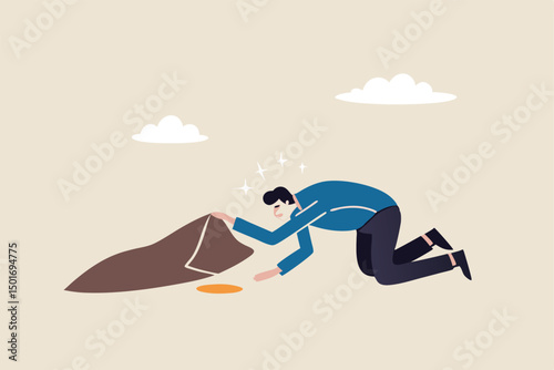 Finding bargain stock, hidden cost or expense, searching for yield or investment return concept, businessman successfully find golden dollar coin money under the carpet.