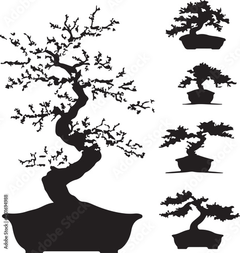 Bonsai Tree Silhouette Vector Art: Japanese Miniature Trees in Pots, Elegant Black and White Illustration for Zen Gardens and Asian Design Projects
