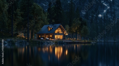 127. Lakeside cabin with ambient lighting and reflection in water
