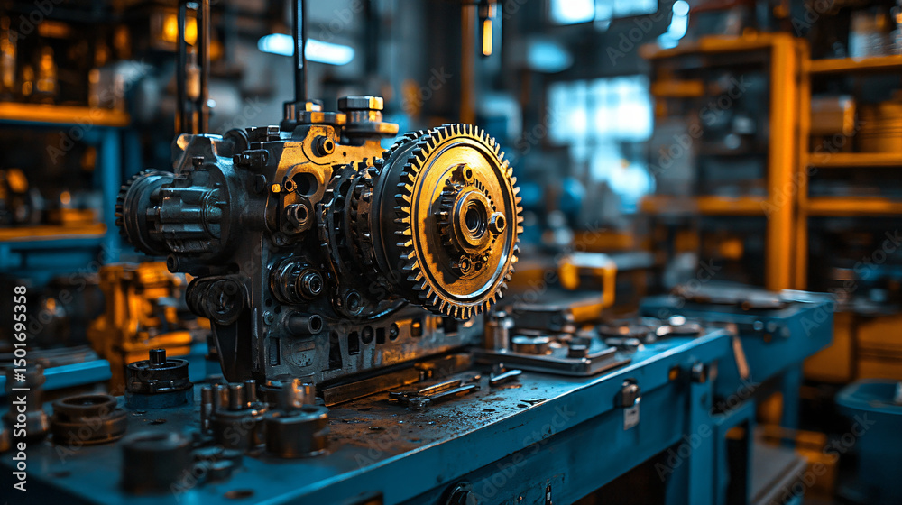 Fototapeta premium Detailed Mechanical Engine Component on Workshop Table with Tools