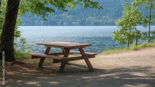 A summer picnic site along Cultus Lakeâ€™s shoreline features a scenic bench and tranquil water views, captured in a travel photo