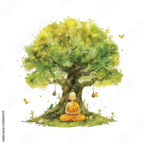 Meditative monk practicing mindfulness under a large flowering tree in a serene garden setting
