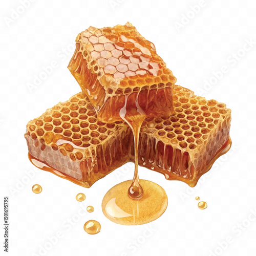 realistic fresh liquid honey dripping from a honeycomb isolated on a transparent background 
