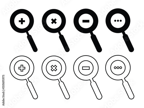 Set of Magnifying Glass Icons with Different Symbols