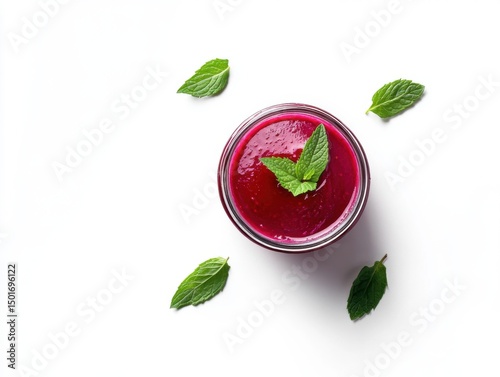 Red beet smoothie bowl with mint garnish isolated on white background