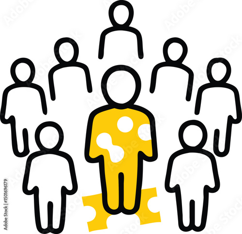 Illustration of a unique individual standing out in a crowd of people with a puzzle piece