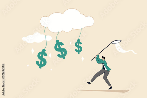 Cloud investment, new technology using cloud computing stock rising up and gain more profit in new normal economic concept, businessman investor catching dollar money sign falling from cloud.