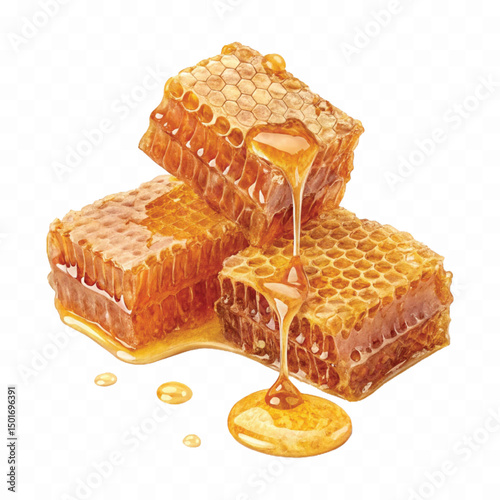 realistic fresh liquid honey dripping from a honeycomb isolated on a transparent background 
