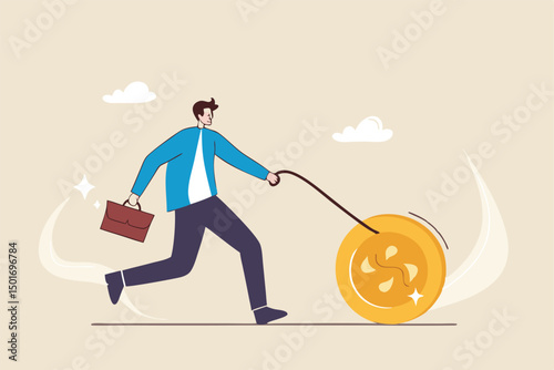 Dogecoin cryptocurrency price rising up with high profit, businessman investor walk the Shiba Inu token virtual cryptocurrency dogecoin.