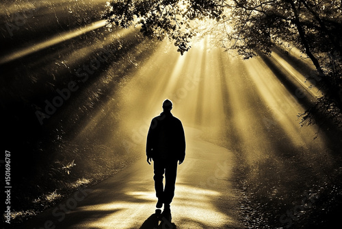 Solitary journey, bathed in radiant light amidst nature's embrace