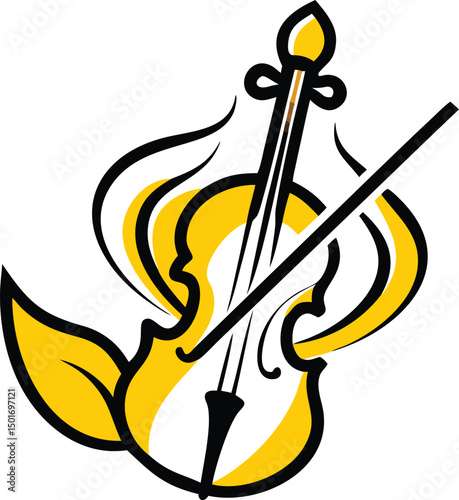Vibrant violin illustration with bow and flames, a creative representation of music, art, and passion, viewed from a straightforward perspective.