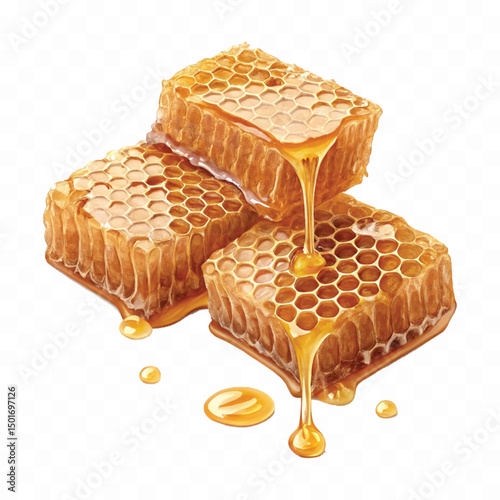 realistic fresh liquid honey dripping from a honeycomb isolated on a transparent background 