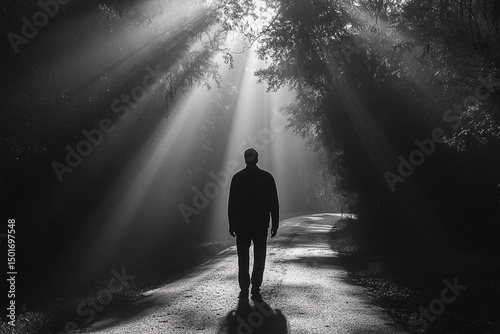 Silhouette of a solitary man walking towards ethereal light in forest road