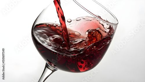 Red wine pouring into a glass with a vibrant splash, isolated on white, perfect for celebrating