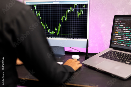 Man from stockbroking team is having a conversation on stock exchange and monitoring movement for investment purposes in trader's office, business financial investment and technology concept.