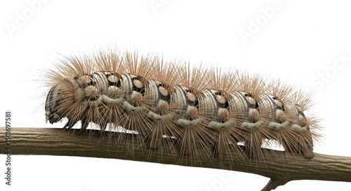 Detailed macro photograph of a hairy caterpillar ????? on a branch. Highlights intricate textures and colors of the insect larva in its natural habitat.