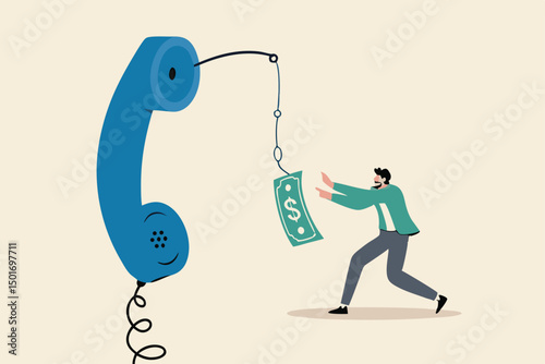 Phone scam, telephone call lying about fake investment, fraud to steal money from victim, financial crime concept, greedy man chasing easy money bait from thief phone call lying for paying scams.