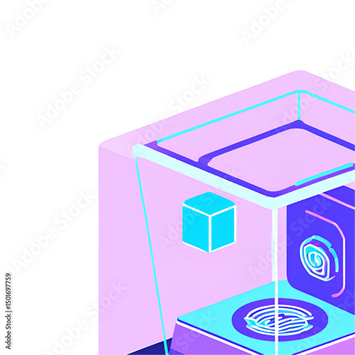 High-tech 3D printer icon in isometric view, neon cyan and lavender glow, transparent frame with visible mechanics, printing floating geometric object with Modern design